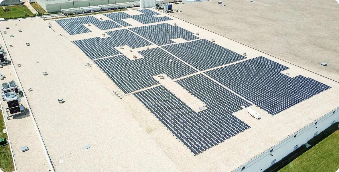 Commercial solar manufacturing Illinois ComEd DuPage County three-shift operations rooftop solar panel array