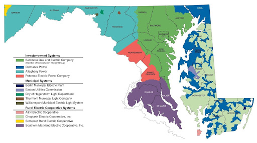 The electric utility map of The Old Line State, Maryland, showcases a diverse mix of utility service areas, including major providers like BGE, Pepco, and Delmarva Power, covering urban to rural regions and powering its rich historical and modern landscapes.